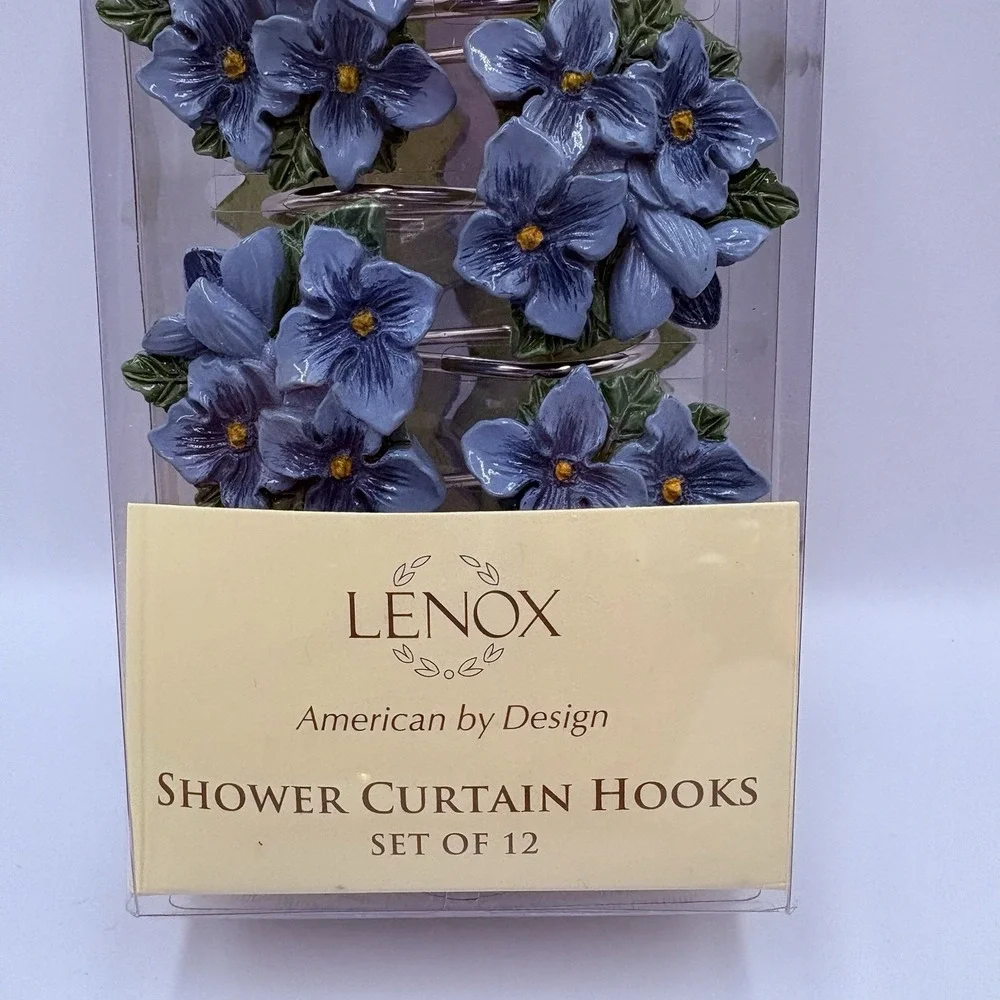 Vintage Set Of 12 Shower Hooks LENOX, Blue Floral Garden Design New